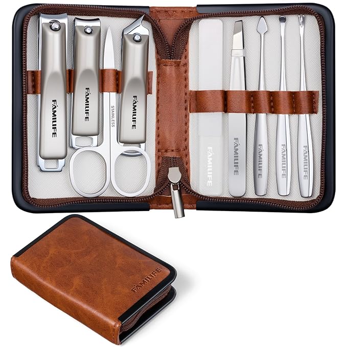 FAMILIFE Manicure Kit for Women, 9 Pcs Compact Carbon Steel Nail Grooming Kit with Case, Classic Brown Travel Manicure Set for Home, On-the-Go Care, Daily Use Manicure Set (Brown)