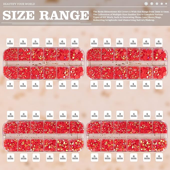 7000PCS Resin Rhinestones with Tweezers for Crafting, 2/3/4/5/6mm Flatback Jelly Rhinestones, 4 Box Red AB Non Hotfix Crystal Gems for DIY Crafts Mugs Tumblers Clothes Makeup Nail