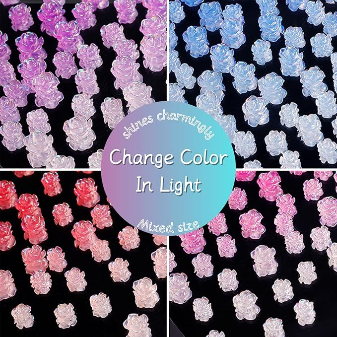 400 PCS Color Changing Flowers Nail Charms,3D Camellias Nail Decoration,Color Changing Camellia Acrylic Charms,Resin Flowers Charms Nails
