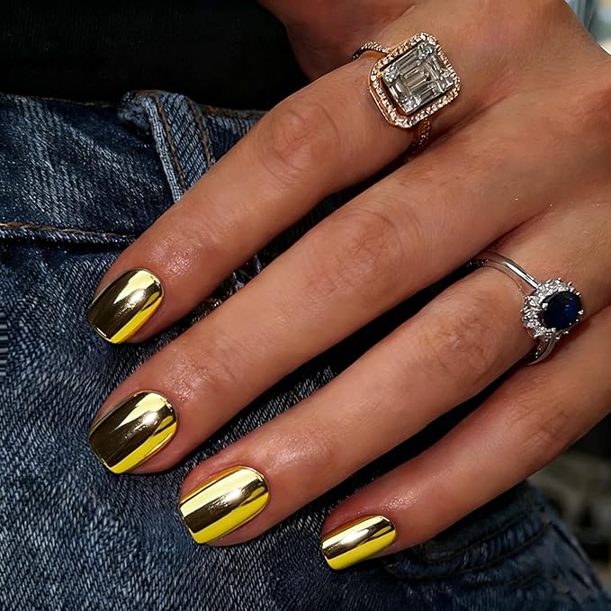 Chrome Press on Nails Short Square, Metallic Gold Fake Nails with a Sparkle Mirror Finish, Glitter Glue on Nails for Women Birthday Party, Thick Quality Soft Gel Nail Press ons 30 Pcs