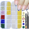 HNUIX Nail Beads - 3D Multiple Size, Mix Colors, Flat Back, Rhinestones for Nails, Gold & Silver, Charms Studs, Round, with Kit, for Nail Art