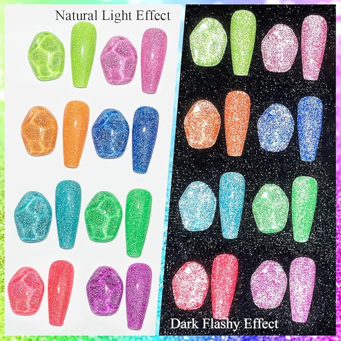 MIZHSE Neon Reflective Gel Polish Set,Sparkly Shiny Disco Shimmer Nail Polish Gel Kit Fluorescent Bright UV LED Soak Off Glitter Nail Gel Polish for DIY Nail Art Salon