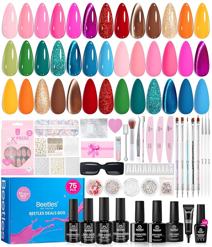 beetles Gel Polish 75 PCS Deal Box 20 Colors Nail Kit – Brown Blue Red Purple Glitter Cat Eye Gel, Glossy&Matte Top Coat DIY UV/LED Gel Nail Set Home Salon Valentines Gifts for Women Girls