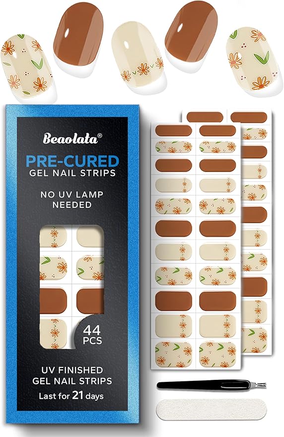 Real Gel Nail Strips (No UV Light Needed) - 44Pcs Salon Quality Nail Stickers - Long Lasting Polish Wraps for Women, Easy Apply & Remove (Marigold Dream Brown)