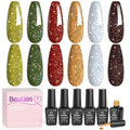 Beetles Glitter Gel Nail Polish Set – Vintage Luminary 6 Sparkling Red Gold Green Colors Reflective Long-Lasting UV LED Soak Off Gel Holiday Party Nail Art Kit Chirstmas Gift for Women