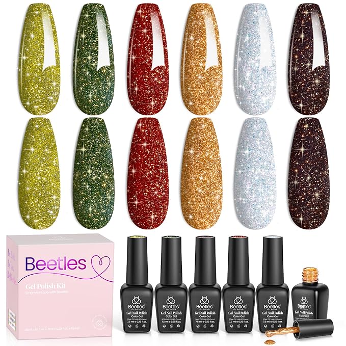 Beetles Glitter Gel Nail Polish Set – Vintage Luminary 6 Sparkling Red Gold Green Colors Reflective Long-Lasting UV LED Soak Off Gel Holiday Party Nail Art Kit Chirstmas Gift for Women