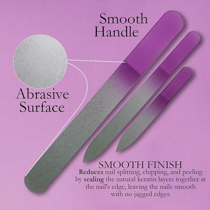 Glass Fingernail Files with Case - Manicure Set for Natural Nails - Double Sided Nail File Stocking Stuffers (Purple)
