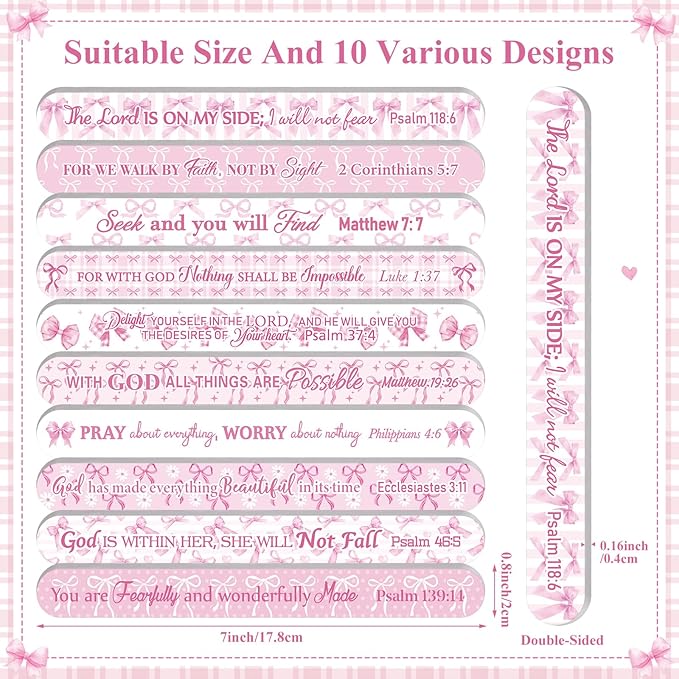 60 Pack Pink Christian Gifts for Women Bible Verse Pink Coquette Bow Nail Files Bulk Church Scripture Emery Boards Religious Appreciation Gift for Coworkers Employee Teacher, 10 Designs