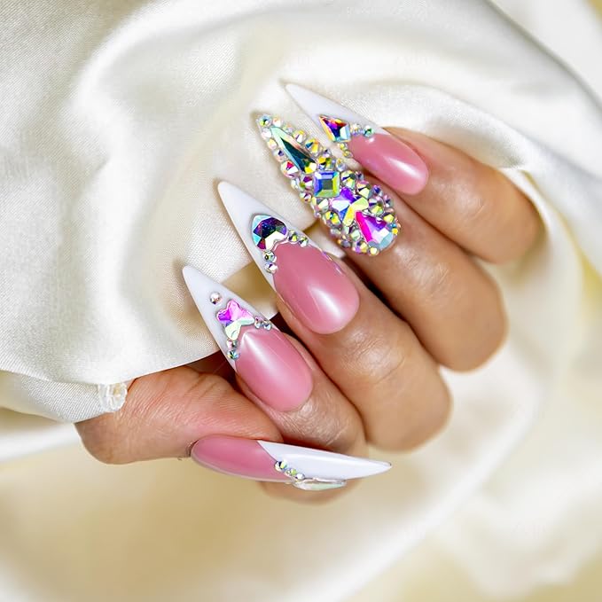 10 Pieces Handmade Long Almond Press On Nails, White Thickened French False Nails With Rhinestone Decorate, Reusable Fake Nails Almond, Reusable Acrylic Nails (M)