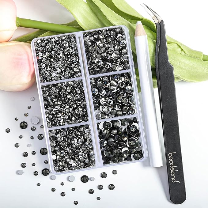 Beadsland 4300pcs Flatback Rhinestones,Gray Rhinestone Nail Gems Round Crystal Rhinestones for Crafts,Mixed 6 Sizes with Picking Tweezers and Wax Pencil Kit, SS6-SS20,Black Diamond