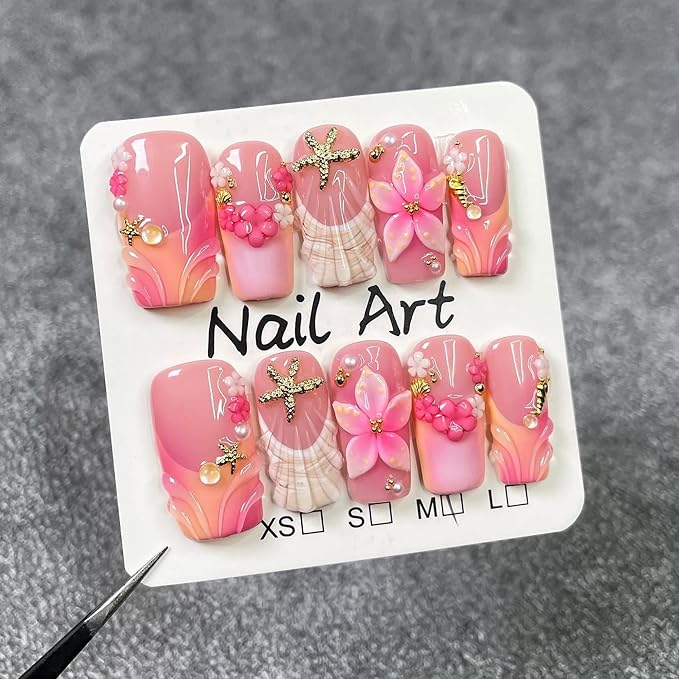 Medium Press on Nails Square Handmade False Nails Thick Acrylic Muti-Layer Gel 3D Flower Nails Press Ons wtih Shell Starfish Design French Tip Fake Nails Luxury Full Cover Stick on Nail for Women (M)
