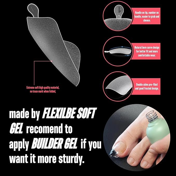 NOVO OVO Long Toe Nail Tips Press on, Curved Full Cover Longtoes Claw, Clear Pre-etched Matte Pre-filed Nail Extension for Pedicure Acrylic, Tapered Square Soft Gel Toenails x 12 Sizes 240pcs
