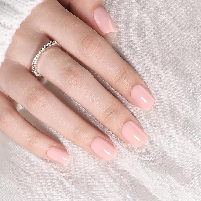 Nude Press On Nails - Neutral Pink Short Square Fake Nails, Square Press On Nails Reusable Stick On Nails in 15 Sizes, 30pcs False Nail Kit for Women & Girls (Blush Nude)