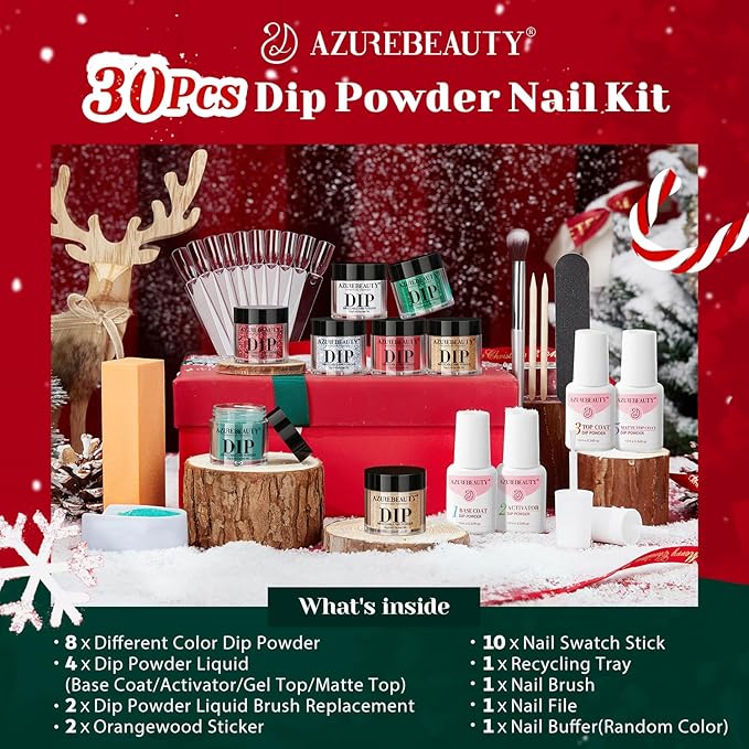 AZUREBEAUTY 30Pcs Dip Powder Nail Kit Starter, 8 Colors Green Red Gold Silver White with Nail Sticks, Nail Art Liquid Set with Matte/Base/Top Coat Activator for French Manicur