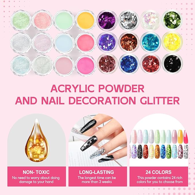 COSCELIA Acrylic Nail Kit for Beginners with Everything 4PC Acrylic Powder 24 PCS Glitter Powder Professional Nail Drill Light Rhinestones Tips Set Gifts for Women
