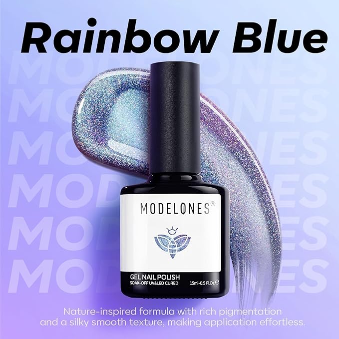 modelones 9D Magnetic Cat Eye Gel Nail Polish, Holographic Blue Purple Rainbow Shimmer, 15ML UV LED Soak Off Gel, valentine Nail Art, Manicure Design - Reflective Top Coat for Women & Girls