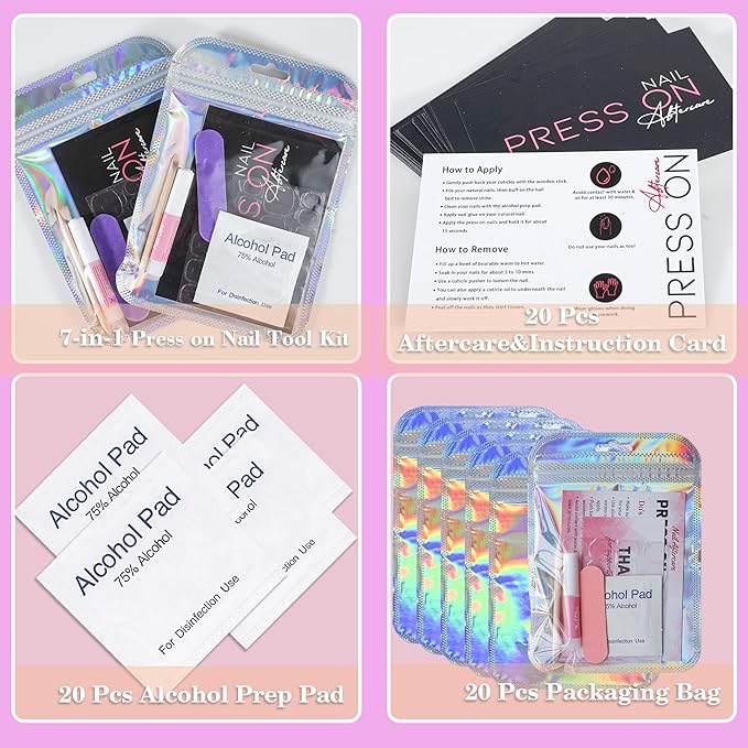 Press On Nail Tool Kit for Nail Business, Nail Prep Application Disposable Kit with Nail File, Nail Glue, Prep Pads, Instruction Card, Adhesive Nail Tabs, Wood Stick, Holographic Bag (20pcs in purple)