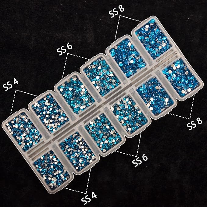10000 Pieces Rhinestones 6 Sizes Round Crystal Glass Flat Back Rhinestones with 1Tweezers and 1Picking Pen for Nail Art Crafts Clothes Bags DIY (Blue Zircon)