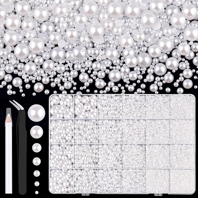 13000Pcs Flatback Pearls for Crafting (White), Assorted Size 2/3/4/5/6/8/10mm Non Hotfix Half Pearl, Bedazzling Bead for DIY Crafts Clothing Tumblers Mugs Shoes Fabric Embellishment Nail Art Makeup