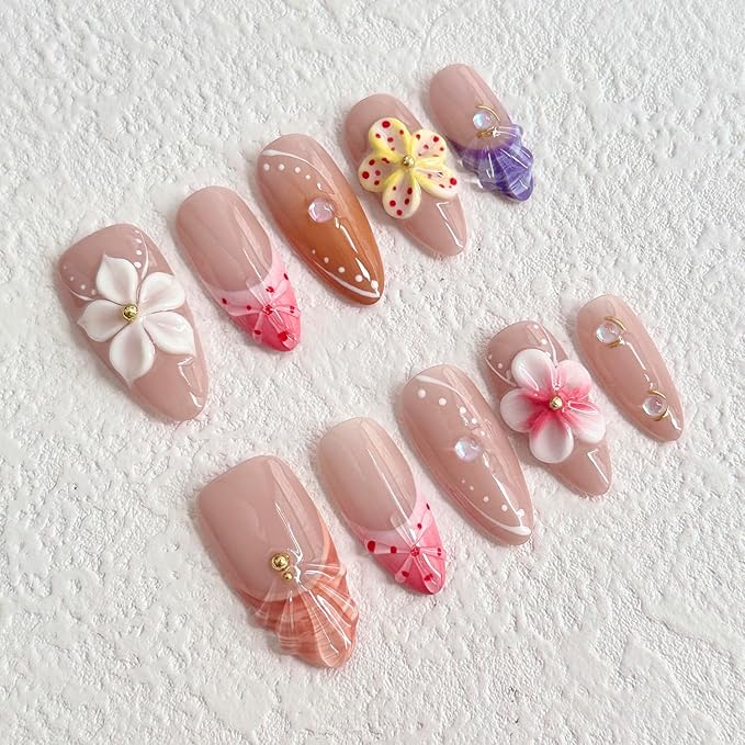 Luxury Press on Nails Medium Almond Handmade 3D Unique Reusable ABS Material Fake Nails French Tip False Nails with Designs White Pink Flower Art Petal Glossy Glue on Nails Thick Acrylic Nails(M)