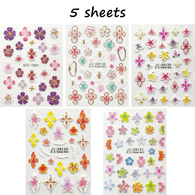 Flower Nail Art Stickers Decals 5D Embossed Nail Decals Spring Summer Pink Purple Nails Design Self-Adhesive Supplies Accessories 3D Flower for Women Nails DIY Decoration(5 Sheets)