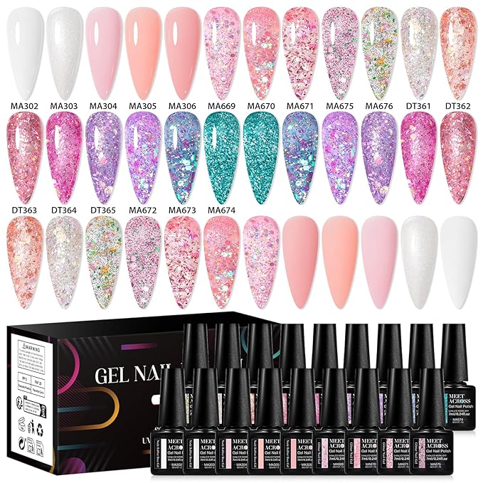 MEET ACROSS Gel Nail Polish Set White Pink Rubber Base Gel Polish + Glitter Gel Nail Polish Pink Purple Sparkly Sequins Nail Polish Manicure Kit 18 Colors