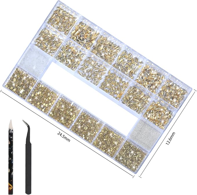 Nail Charms and Gems - 5000 Pcs, 20 Types, 20 Sizes, with Kit, Nail Rhinestones, Faux Pearls, Beads, for Nail Art (Champagne Gold)