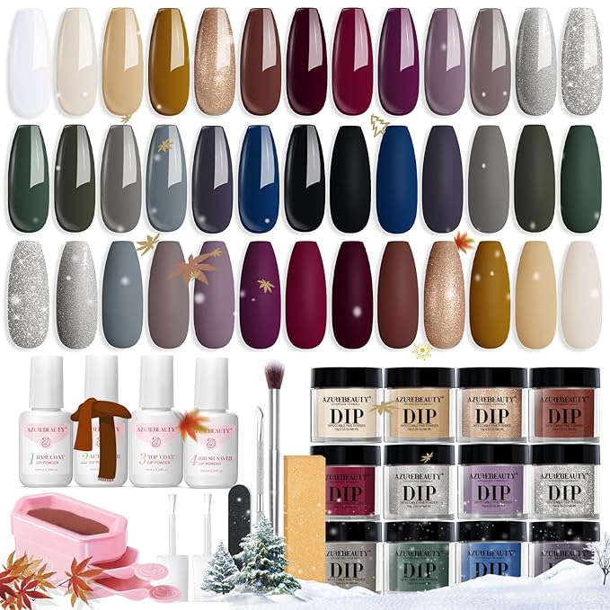 AZUREBEAUTY Dip Powder Nail Kit Starter 20 Colors Glitter Dark Green Grey Purple Fall Winter 31 Pcs Dip Powder Liquid Set with Top/Base Coat Activator for French Nails Art Manicure DIY Salon Gift