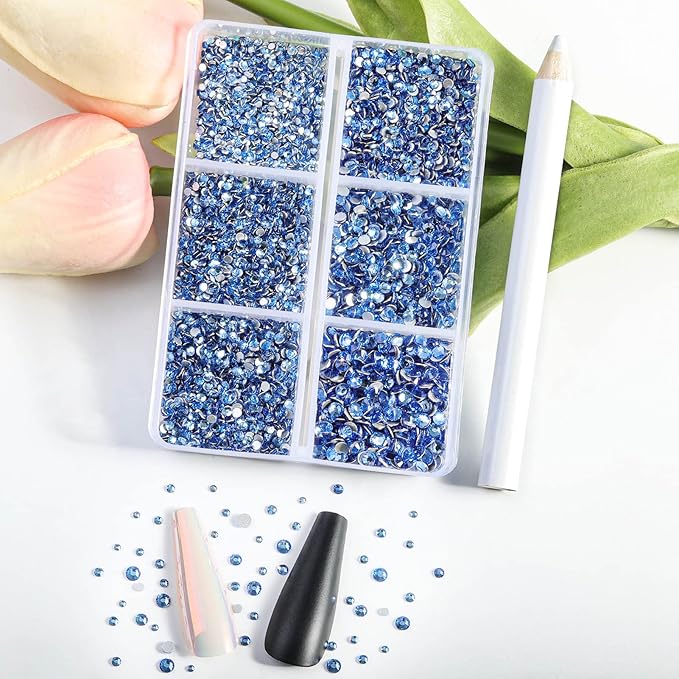 Beadsland 7200pcs Flatback Rhinestones,Light Blue Rhinestone Nail Gems Round Crystal Rhinestones for Crafts,Mixed 6 Sizes with Wax Pencil Kit, SS3-SS10,Light Sapphire
