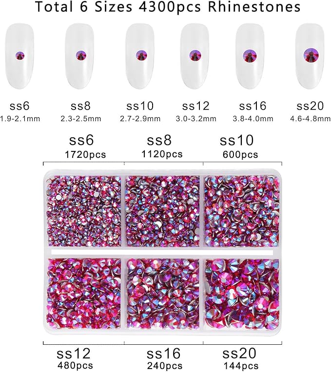 Beadsland 4300pcs Flatback Rhinestones, Red AB Rhinestone Nail Gems Round Crystal Rhinestones for Crafts,Mixed 6 Sizes with Picking Tweezers and Wax Pencil Kit, SS6-SS20, Light Siam AB