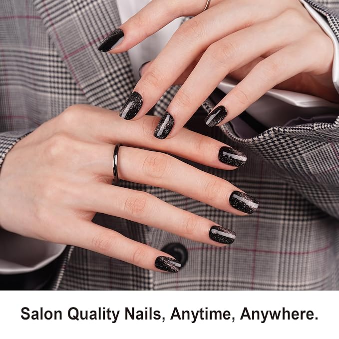 DANNI & TONI Semi Cured Gel Nail Strips Black Magnetic Cat Eye Gel Nail Stickers 28 Stickers | Nebula Shift
