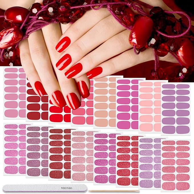 DANNEASY 16 Sheets Solid Color Nail Polish Strips Glitter Nail Wraps Gel Nail Strips Self Adhesive Nail Polish Stickers for Women Fingernails Nail Art Accessories with File, Cuticle Stick