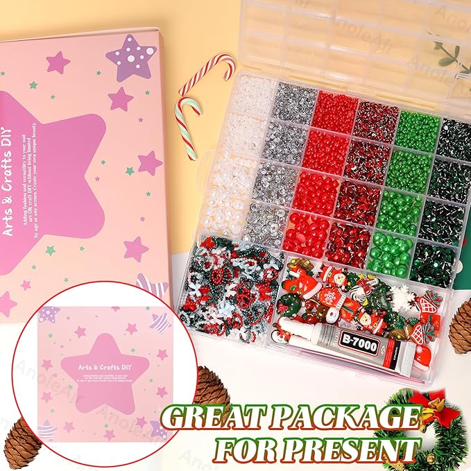 Christmas Junk Case Charms Kit, Christmas Snowman Tree Reindeer Bell Santa Big Charms for Phone Junk Cases, Red Green Pearls and Rhinestones Gems Bedazzling Kit for Crafts Nail DIY Accessories