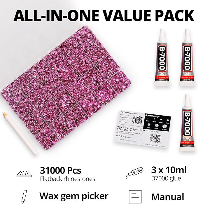 31000Pcs Fuchsia Resin Rhinestones for Bedazzling, Mixed Sizes 2-6mm Dark Pink Magenta Flatback Rhinestones Gems Jewels Crystals with B7000 Glue for Crafts Crafting Clothes