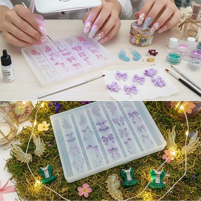 Ballet Charm Nail Mold Silicone 3D Wings Ribbon Corset Ballerina Shoes Design Tray for Resin Gel Manicure Craft