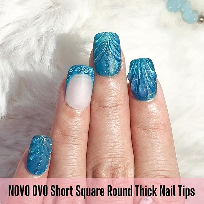 NOVO OVO Short Square Round Nail Tips, Extra Thick Full Cover False Fake Nails Press on, Soft Gel Clear Surface Matte Inside, for Manicure Salon DIY French Tip Acrylic Extension x 15 Sizes 240 pcs