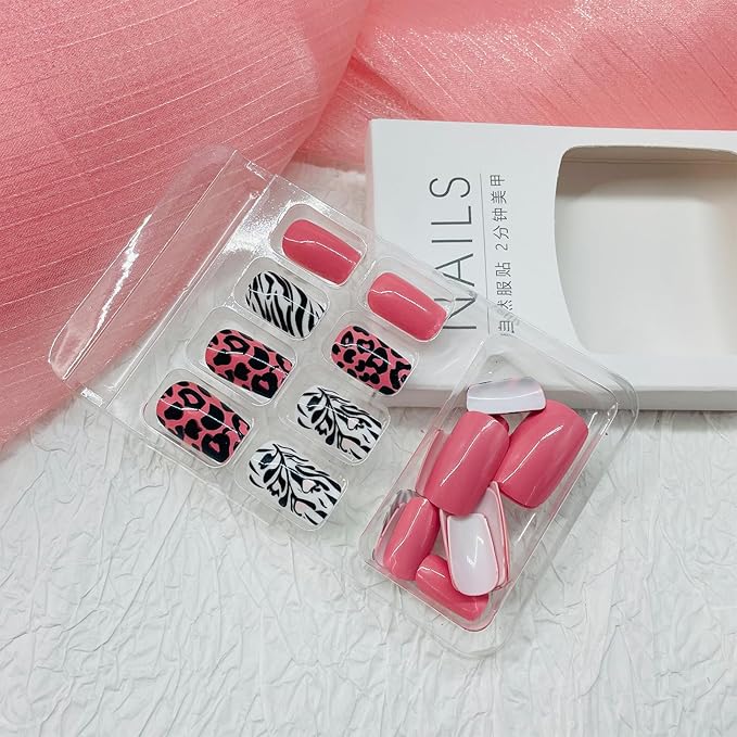 Leopard Press on Nails Medium Square Fake Nails with Designs Zebra Stripes Stick on Nail Pink Acrylic False Nail Glossy Artificial Nail Full Cover Glue on Nails for Women