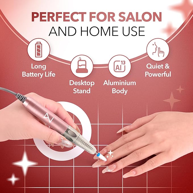 M Max - Nail Drill Professional - 2-in-1 Brushless Motor Nails Drill Machine - Electric, Cordless, Aluminium Alloy Casing, 35000 RPM, HD Display - Perfect for Salon & Home Use (Rose Gold)