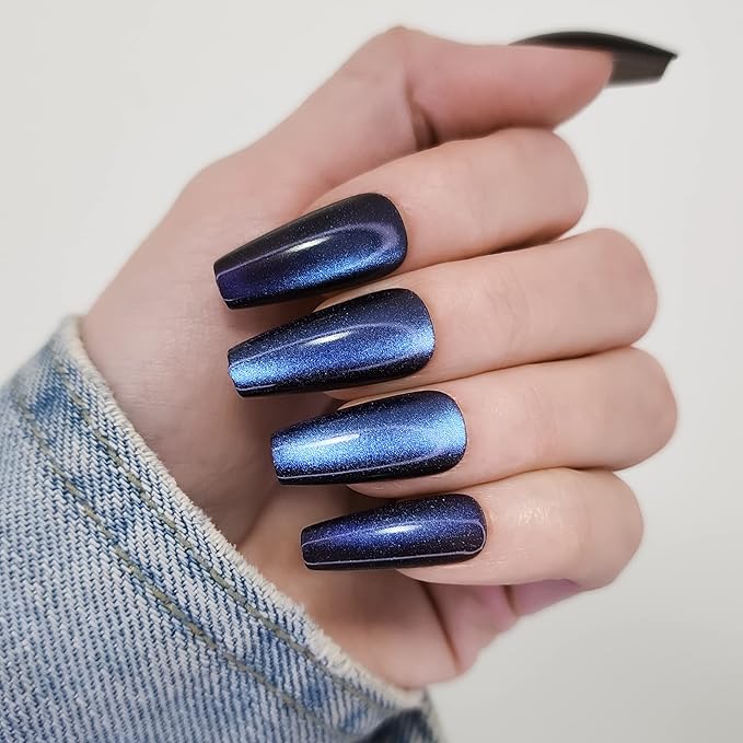 Hypnaughty 24 Pcs Stardust Cat Eye Effect Glossy And Sparkly Coffin Long Press On Nails With Nail Kit And Glue (Stardust Cat Eye)