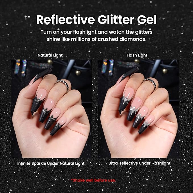 Beetles Reflective Glitter Gel Polish, 2 Pcs Liner Gel Nail Polish Set Black Silver Nail Art Glitter Soak off Uv Lamp Manicure Diamond Shinning Liner Nails Art Design Gifts for Women