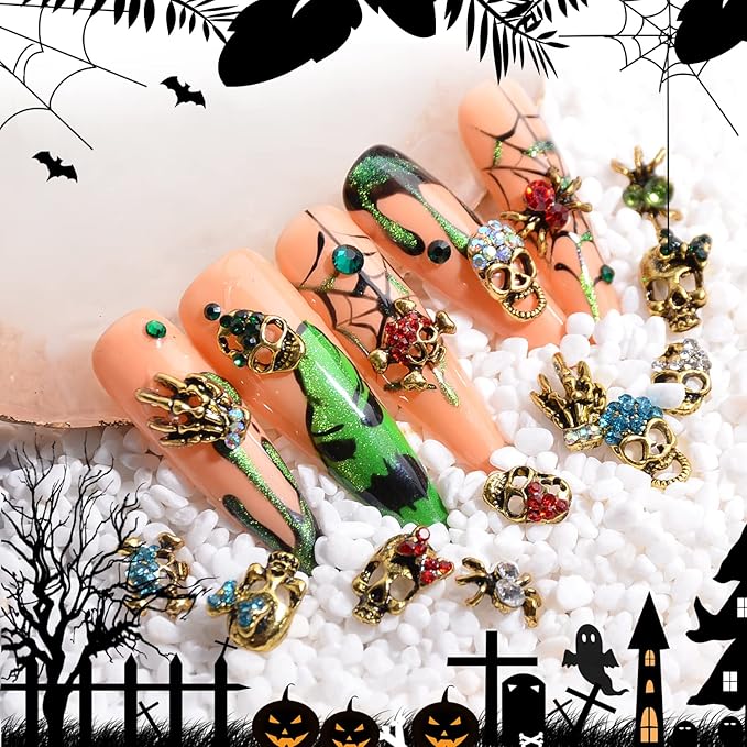 Halloween Nail Charms Rhinestones Decorations - 60Pcs/Box Multi Shape Halloween Nail Accessories Metal Punk Vintage Gold Nail Design for DIY Nail Art Craft