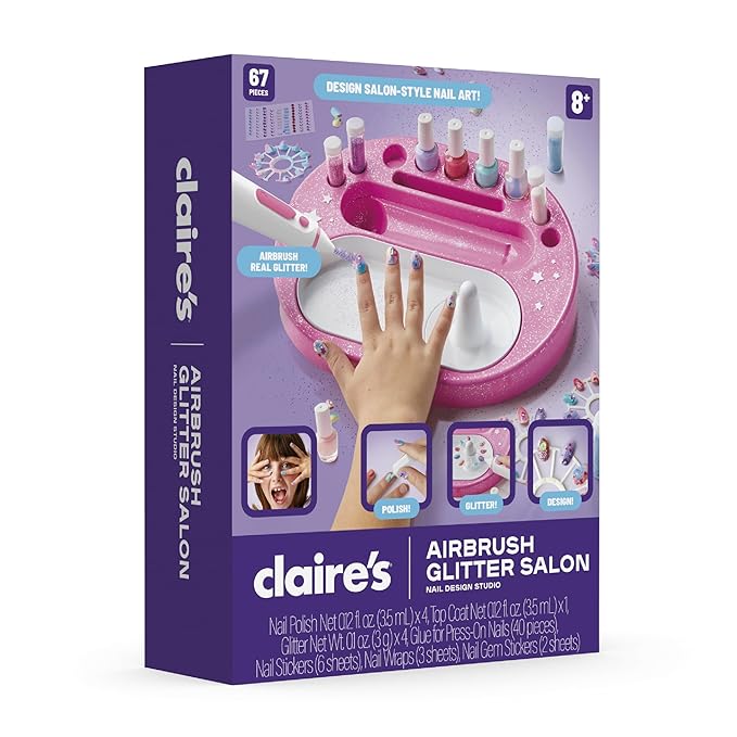 Claire's Kids Nail Art Kit, 67-Piece Airbrush Glitter Salon Nail Charms & Accessories Set, Polish, Press-On Nails, Stickers, Wraps, Girl Toys & Beauty Activity, Manicure Fashion Gift for Girls Age 8+
