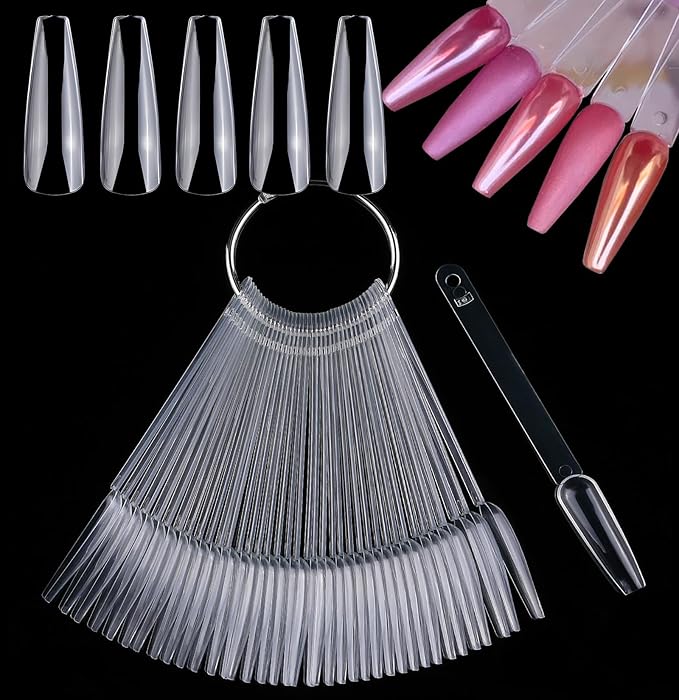 LoveOurHome 150pc Long Coffin Nail Swatch Sticks Vanish Gel Polish Color Design Display Stick Tips Ballerina Fan Cards Nails Art Practice Stample Tools with Rings