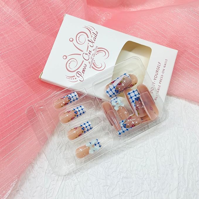 Square Press on Nails Medium Fake Nails with Designs Bow Stick on Nail Strawberry Acrylic False Nail French Glossy Artificial Nail Full Cover Glue on Nails for Women