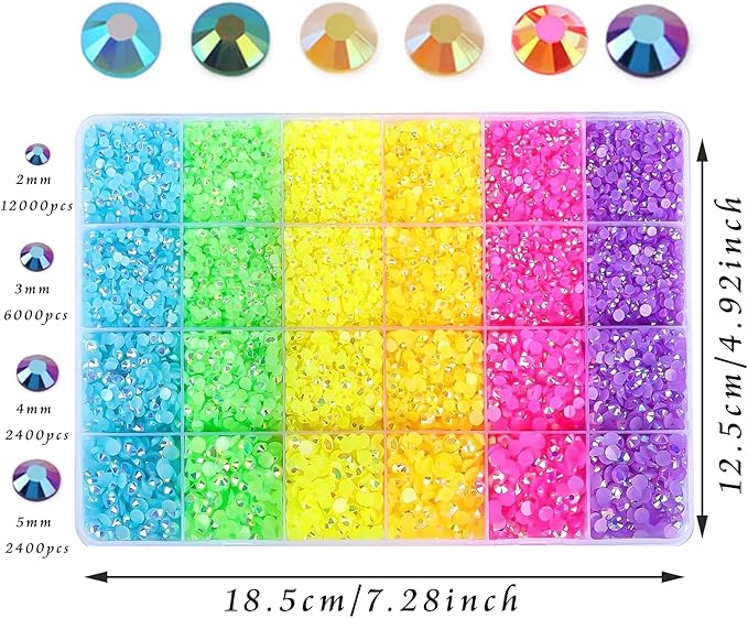 22800Pcs Flatback Rhinestones Multi Sizes Colorful Jelly Rhinestones Resin 6 Colors AB Nail Gems for Crafts Makeup Face Tumblers DIY Decoration 2/3/4/5mm