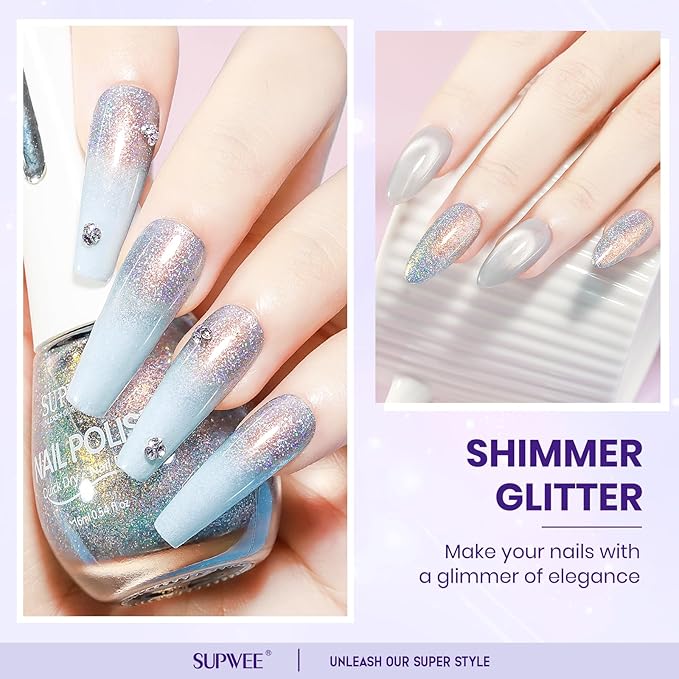 Glitter Nail Polish Quick Dry Finger Nail Polish Non Gel High Glossy Shiny Shimmer Nails Laquer Oil-based Holo Fingernail Air Dry Fast Manicure Gift For Women Girls 16ml, 0.54fl oz