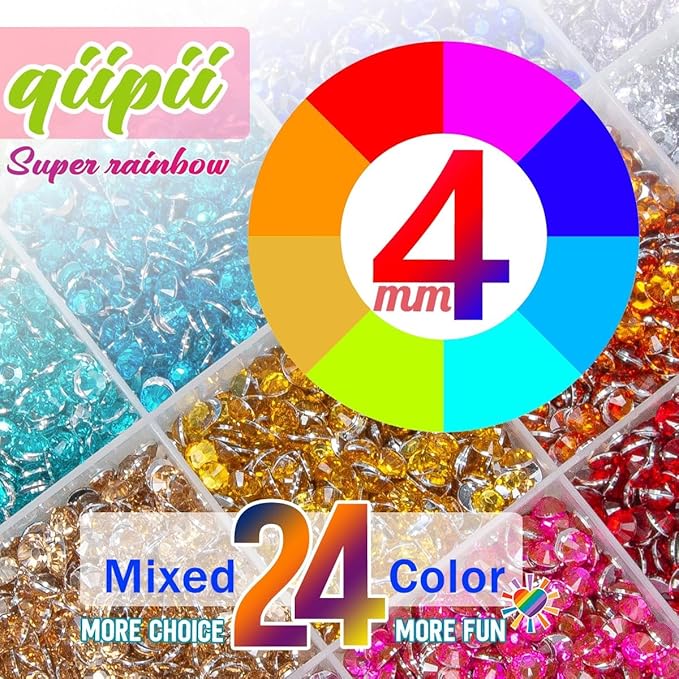 12600Pcs 24 Color 4mm Crystal Resin Rhinestones w B7000 Jewelry Glue for Bedazzling Crafting Flatback SS16 Colorful Rainbow Stones Gems Diamonds Crystals for Nails Face Makeup Tumblers Crafts