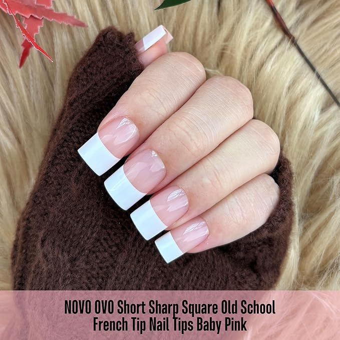 NOVO OVO Old School Wide White French Short Sharp Square Tip Nail Tips Press on BABY PINK, Need Builder Gel Top Coat Nail Glue, Soft Gel Full Cover Fake Nail Extension, for DIY x 15 Sizes 240 pcs