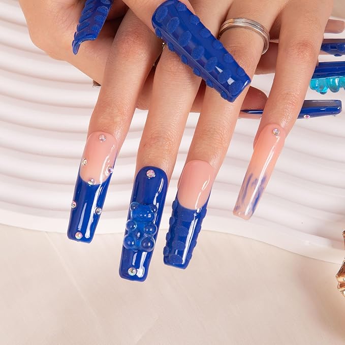LOVFUL Press on Nails Little Blue Bear| Handmade with Full Covered Crystals| Reusable Fake Nails| Square Mid length 1.7in| H132-S