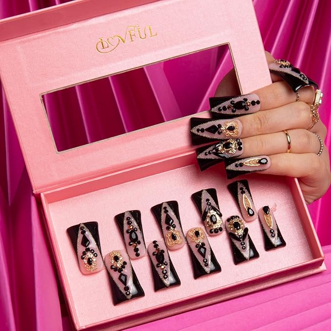 LOVFUL Press on Nails Obsidian Palace Black French Tip | Handmade with Full Covered Crystals | Reusable Fake Nails | Duck Classic Regular 1.3 in | H165-S